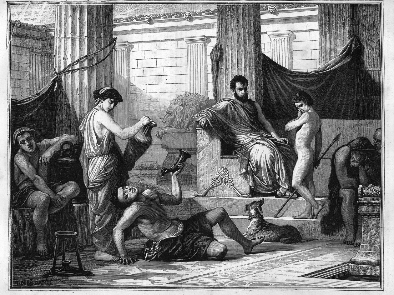 Utbildning i Sparta i antikens Grekland: en berusad slav introduceras för en ung pojke för att visa honom farorna med alkohol. Gravyr från 1880 i "La republique illustree"" privat samling. av Anonymous Anonymous