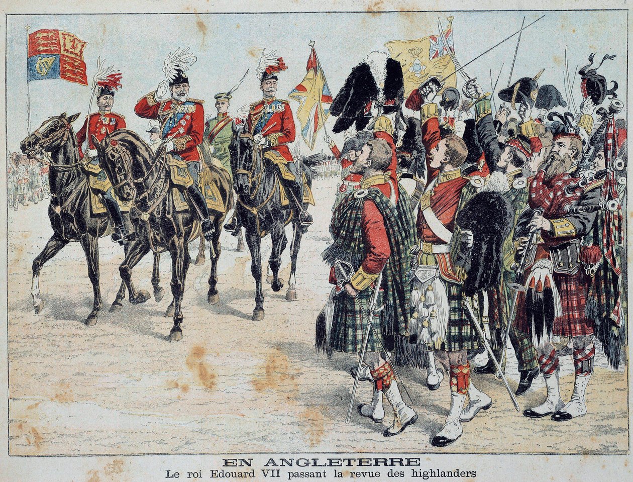Edward VII (1841-1910) King of England recenserar Scottish Highlanders-illustrationen från det lysande tillägget till "Little Diary" 1905 privatsamling av Anonymous Anonymous