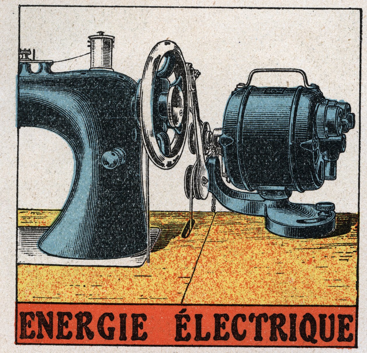 Elkraft: elektrisk symaskin. Anonym illustration av 1925. Privat samling. av Anonymous Anonymous