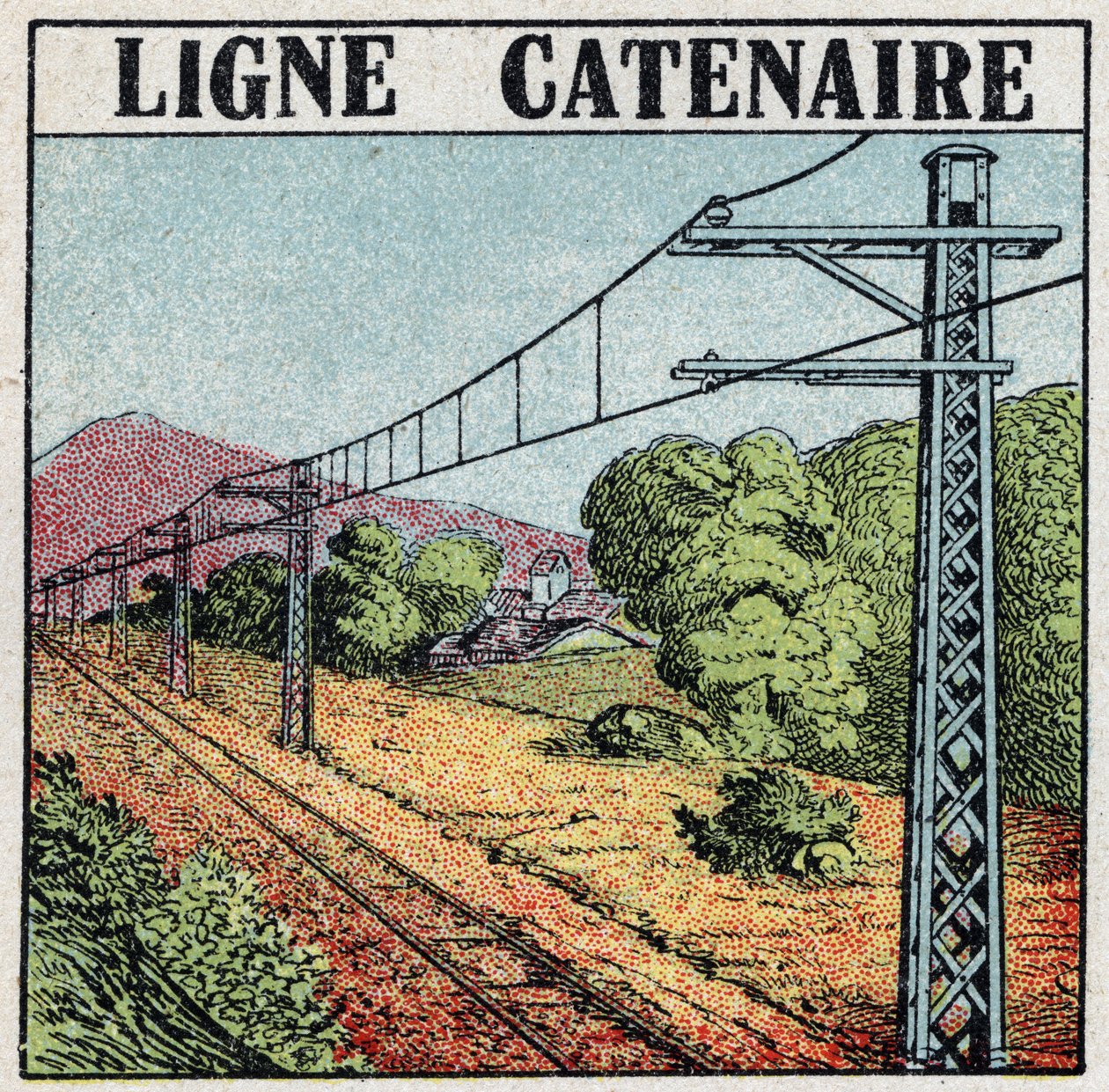 Elektriska järnvägar: Catennial linje. Anonym illustration av 1925. Privat samling. av Anonymous Anonymous