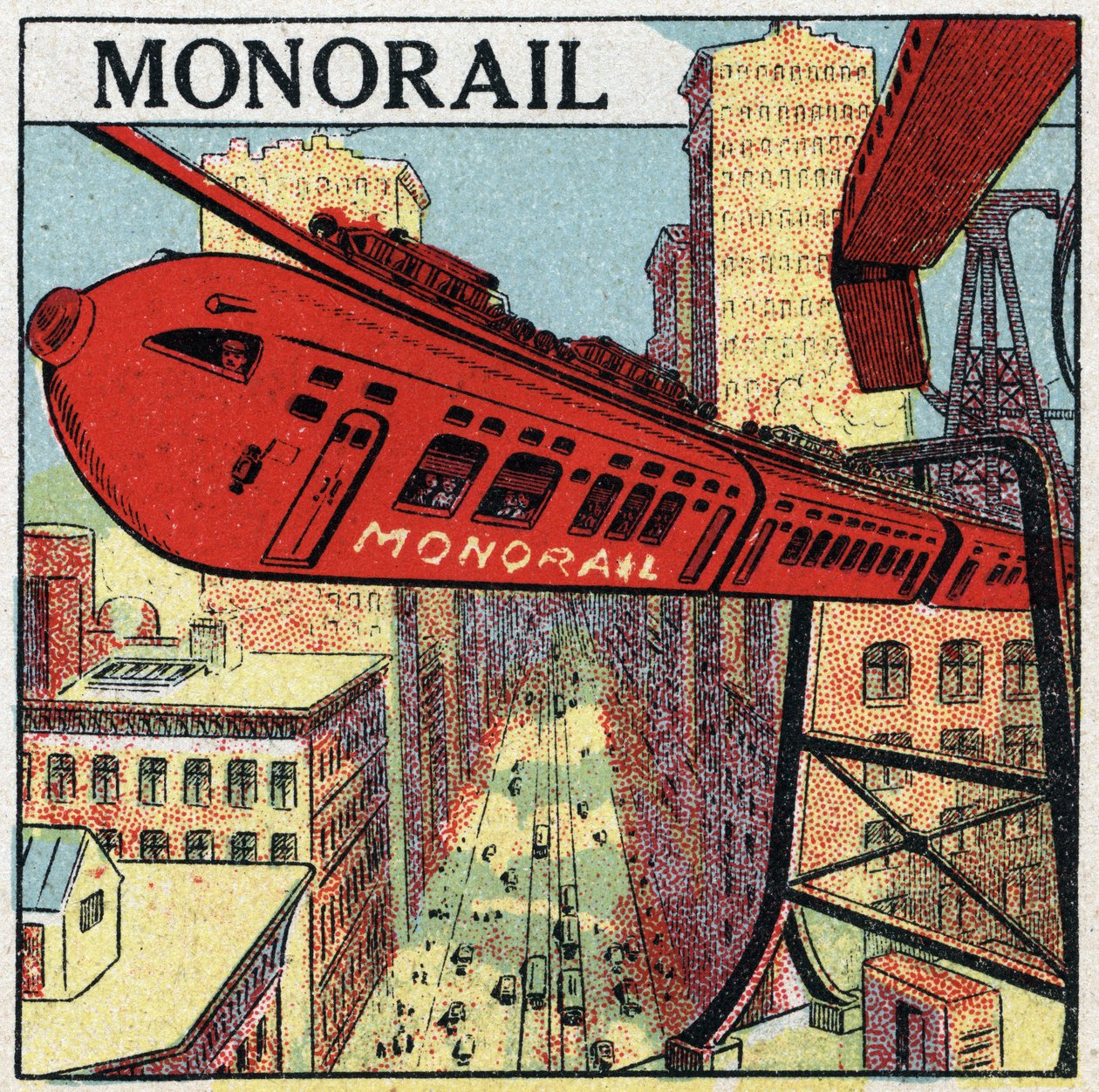 Elektriska järnvägar: projekt för en monorail som cirkulerar i en stad. Anonym illustration från 1925. Privat samling. av Anonymous Anonymous
