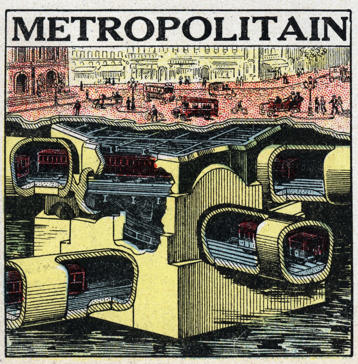 Elektriska spårvagnar: tvärsnitt av Paris mark som visar linjerna för Metropolitan. Anonym illustration från 1925. Privat samling. av Anonymous Anonymous