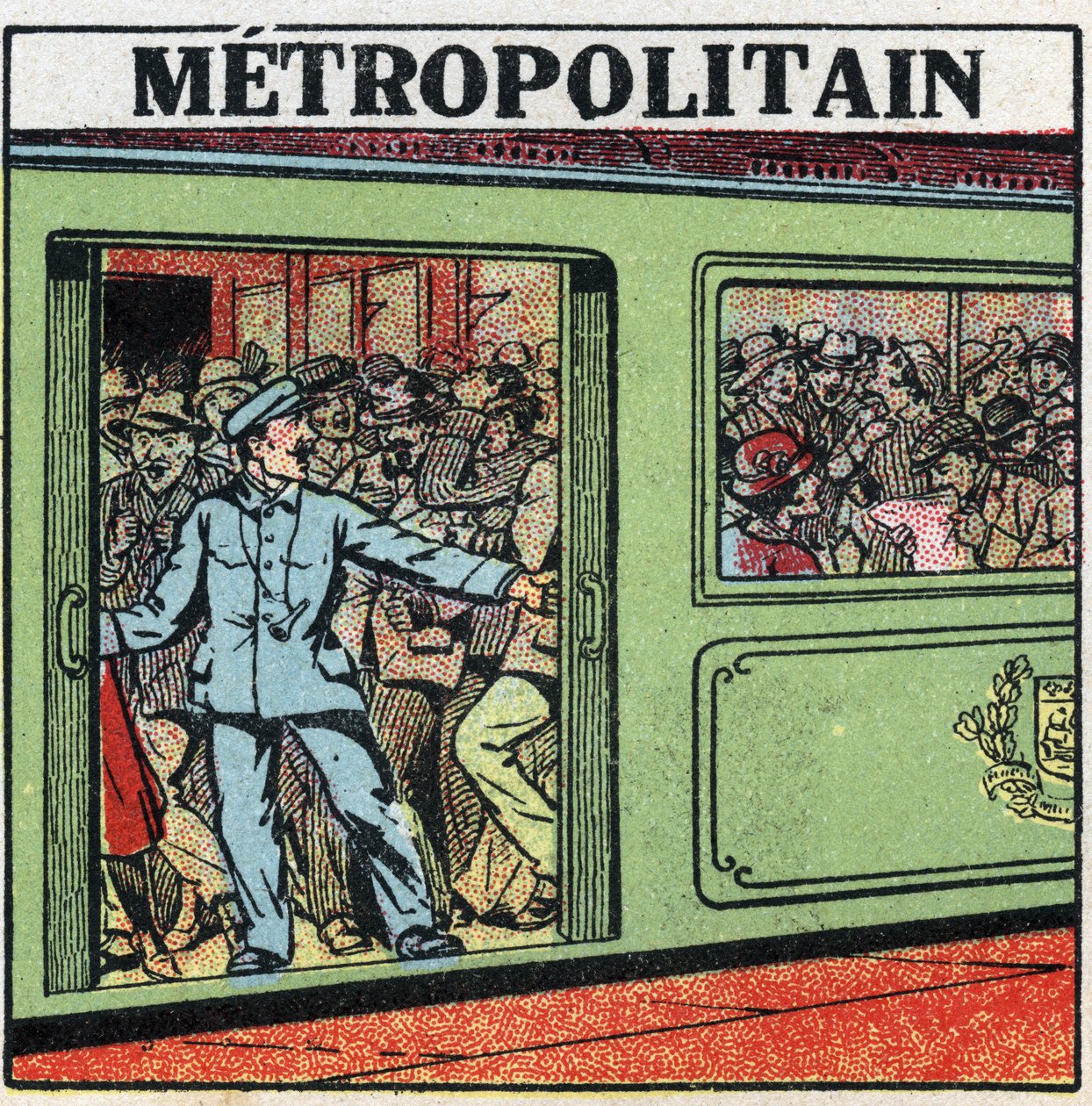 Elektriska spårvagnar: passagerare samlas i Metropolitain i Paris. Anonym illustration från 1925. Privat samling. av Anonymous Anonymous