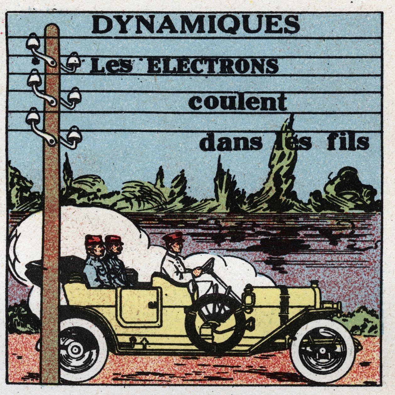 Elektriska fenomen: dynamiska fenomen. Elektroner strömmar genom elektriska ledningar. Anonym illustration från 1925. Privat samling. av Anonymous Anonymous