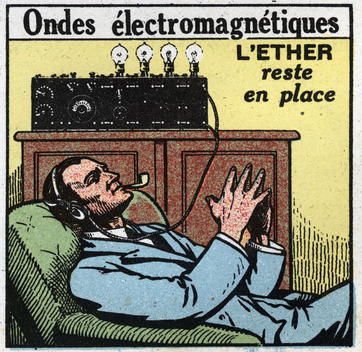 Elektriska fenomen: om etern förblir på plats ger den vibrerande rörelsen de elektromagnetiska vågorna som används i T.S.F. Anonym illustration av 1925. Privat samling. av Anonymous Anonymous