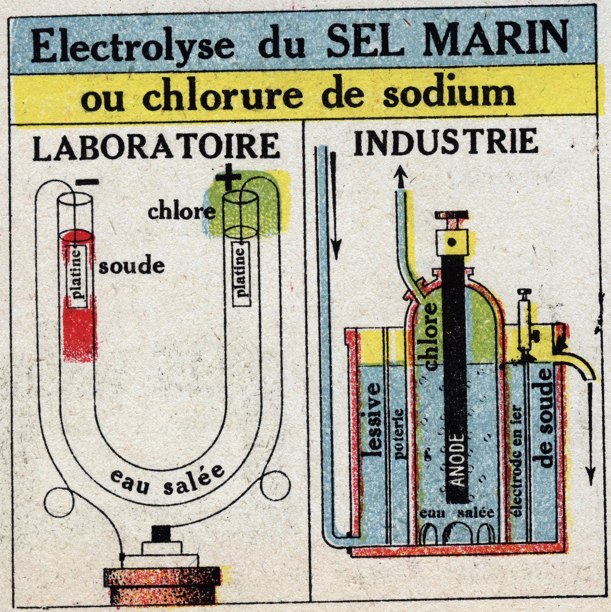 Elektrokemi: elektrolys av havssalt eller natriumklorid. Anonym illustration från 1925. Privat samling. av Anonymous Anonymous