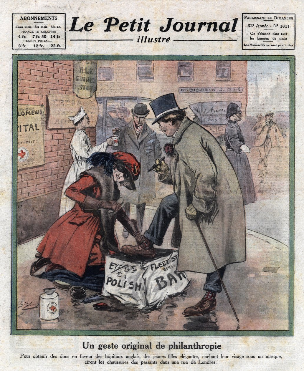 Eleganta unga flickor, deras ansikte gömmer sig bakom en mask, vaxar förbipasserande Londons skor för att samla in pengar till engelska sjukhus. Illustration hämtad från "" Le petit journal illustrious""" av 1921-11-06. Privat samling av Anonymous Anonymous