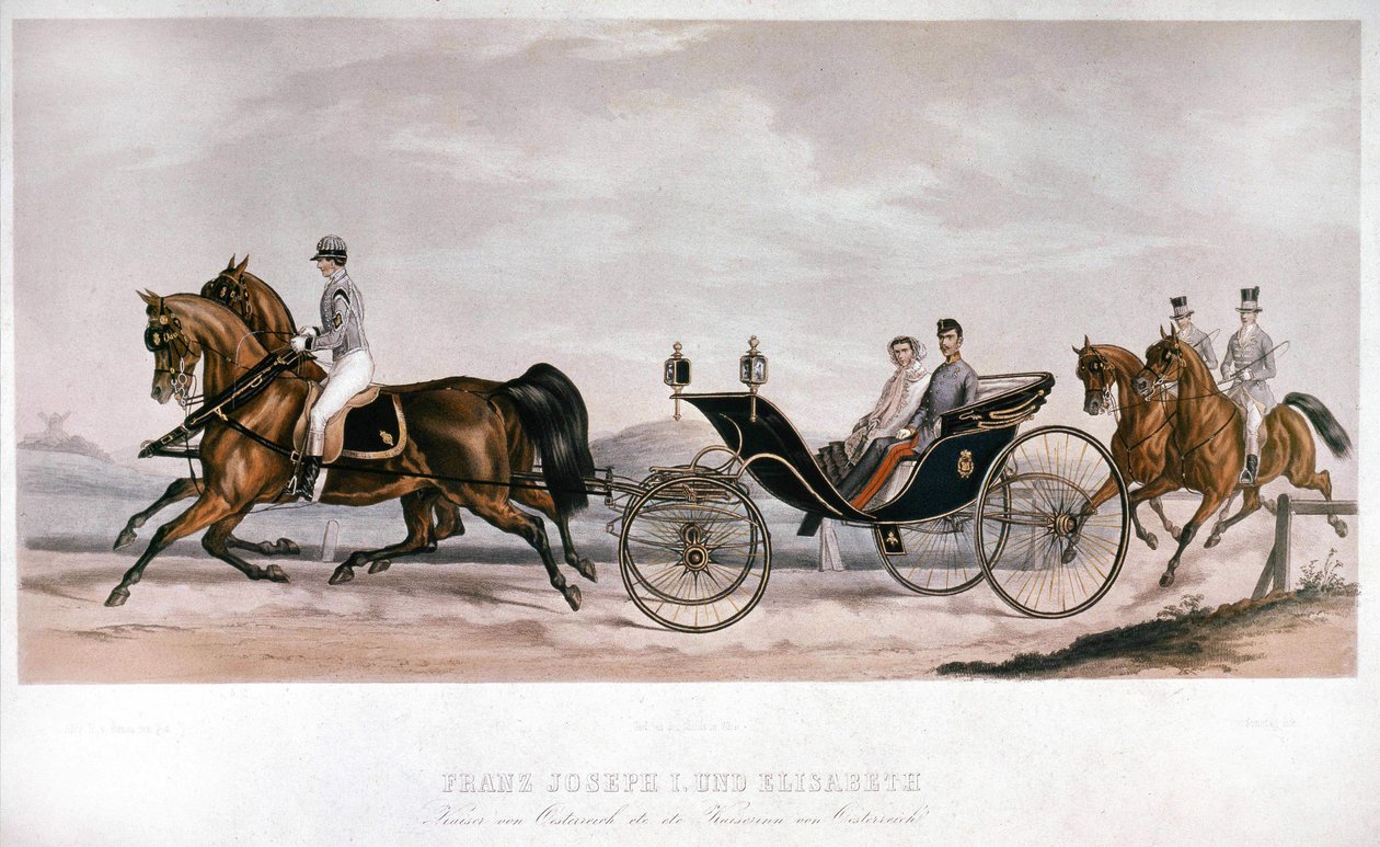 Elisabeth (Sissi) och François Joseph I (1830 - 1916) från Österrike under en vagnsfärd. Gravyr 1800-talet. Privat samling av Anonymous Anonymous