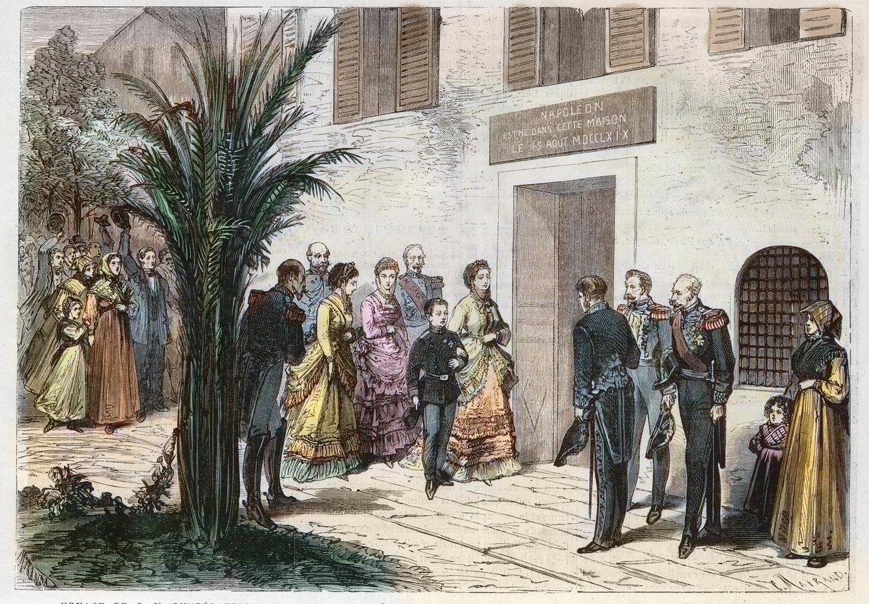 Kejsarinnan Eugenia och den kejserliga prinsen Louis Napoleon besöker huset där Napoleon I föddes, i Ajaccio, Korsika, Frankrike 1869 - den kejserliga och kejserliga prinsens resa - besök i Napoleon I:s hem till Ajaccio - 1869 av Anonymous Anonymous