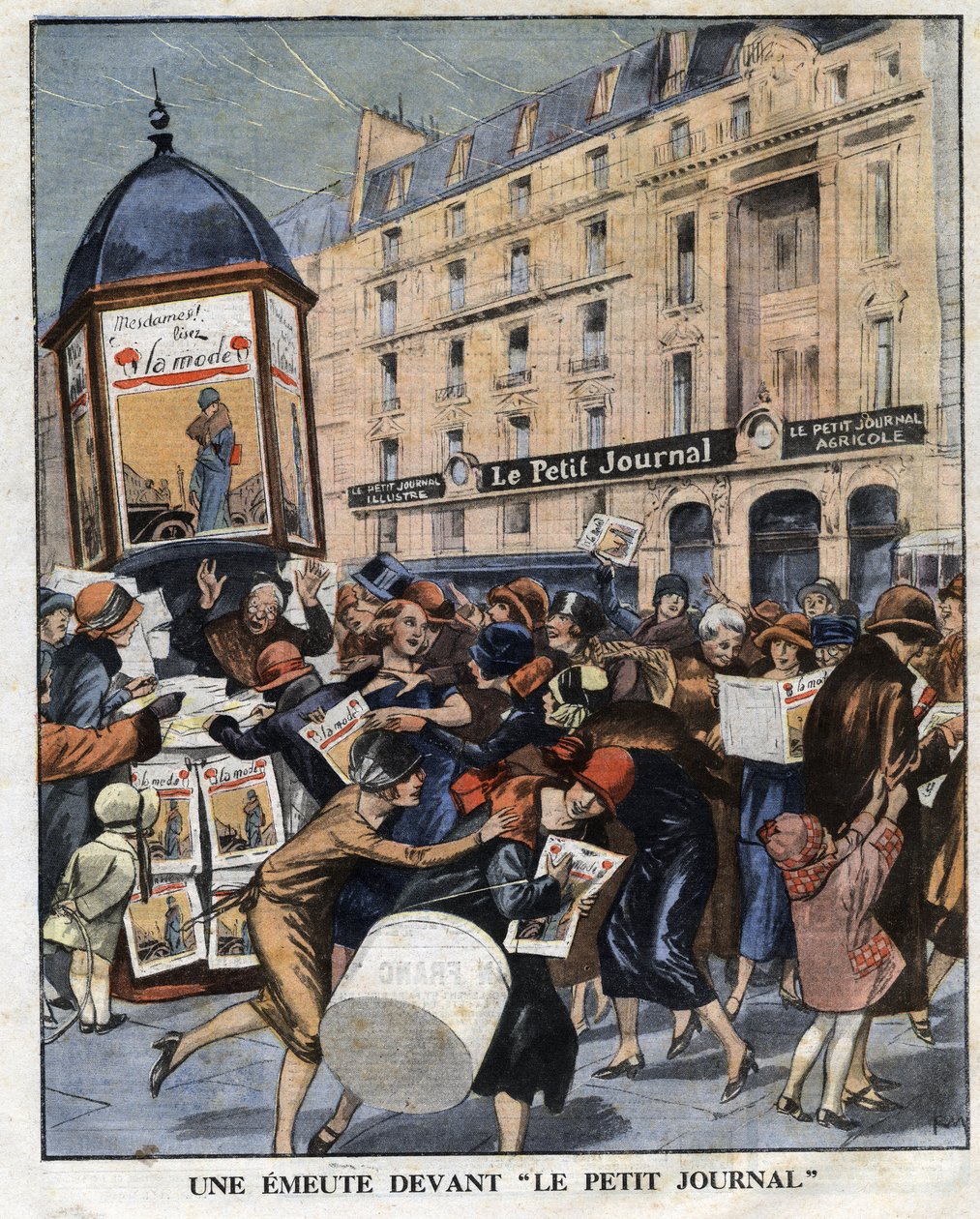 Emute des femmes vid kiosksläppet av det nya formatet av tidningen "La mode"" i Paris. Illustration hämtad från "" Le petit journal"" från 1925-11-01 Samling privee av Anonymous Anonymous