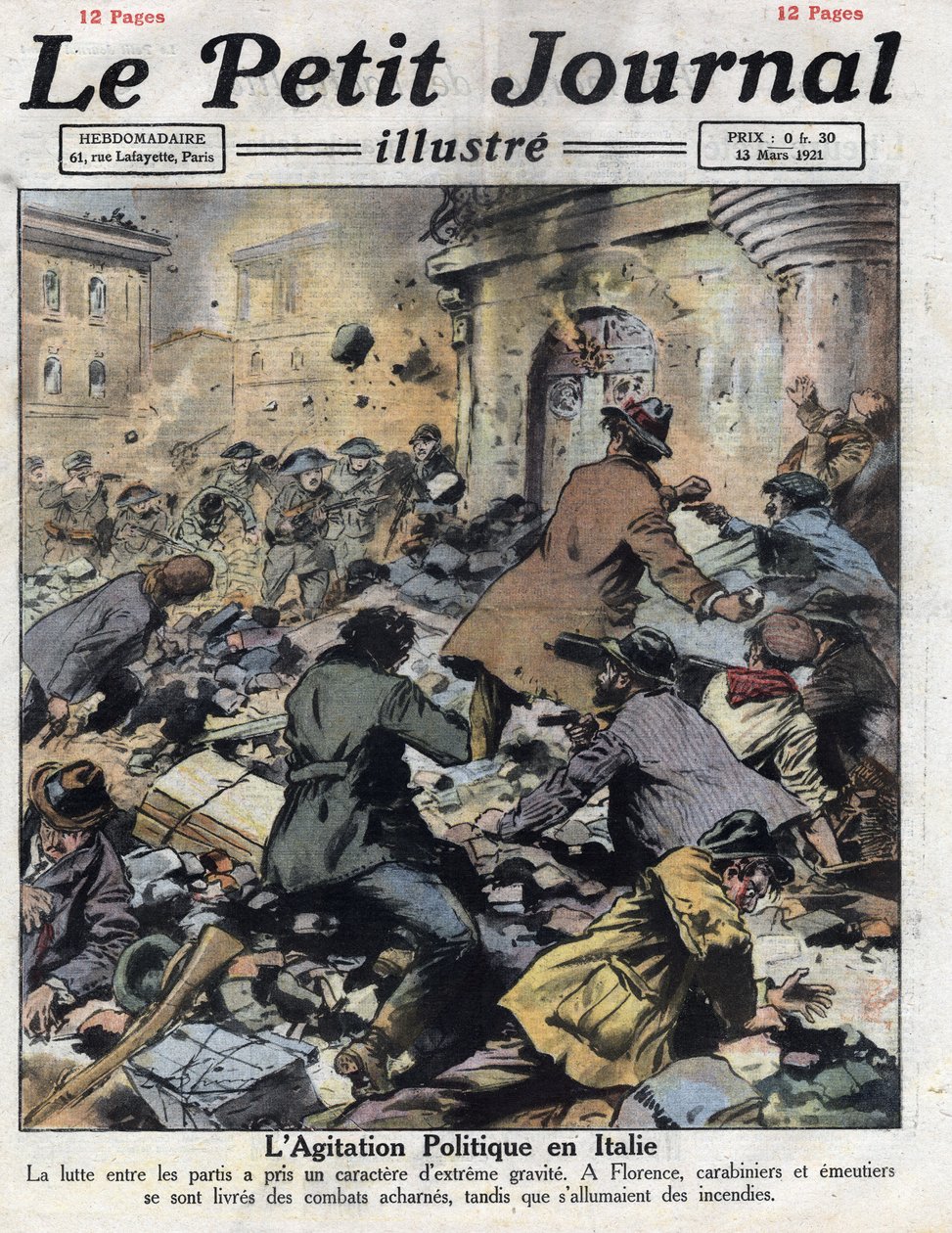 Emuterar i Florens mellan kommunister och fascister den 27 februari. Intervention av carabinieri. Illustration hämtad från "" Le petit journal"" av 1921-03-13. Privat samling av Anonymous Anonymous