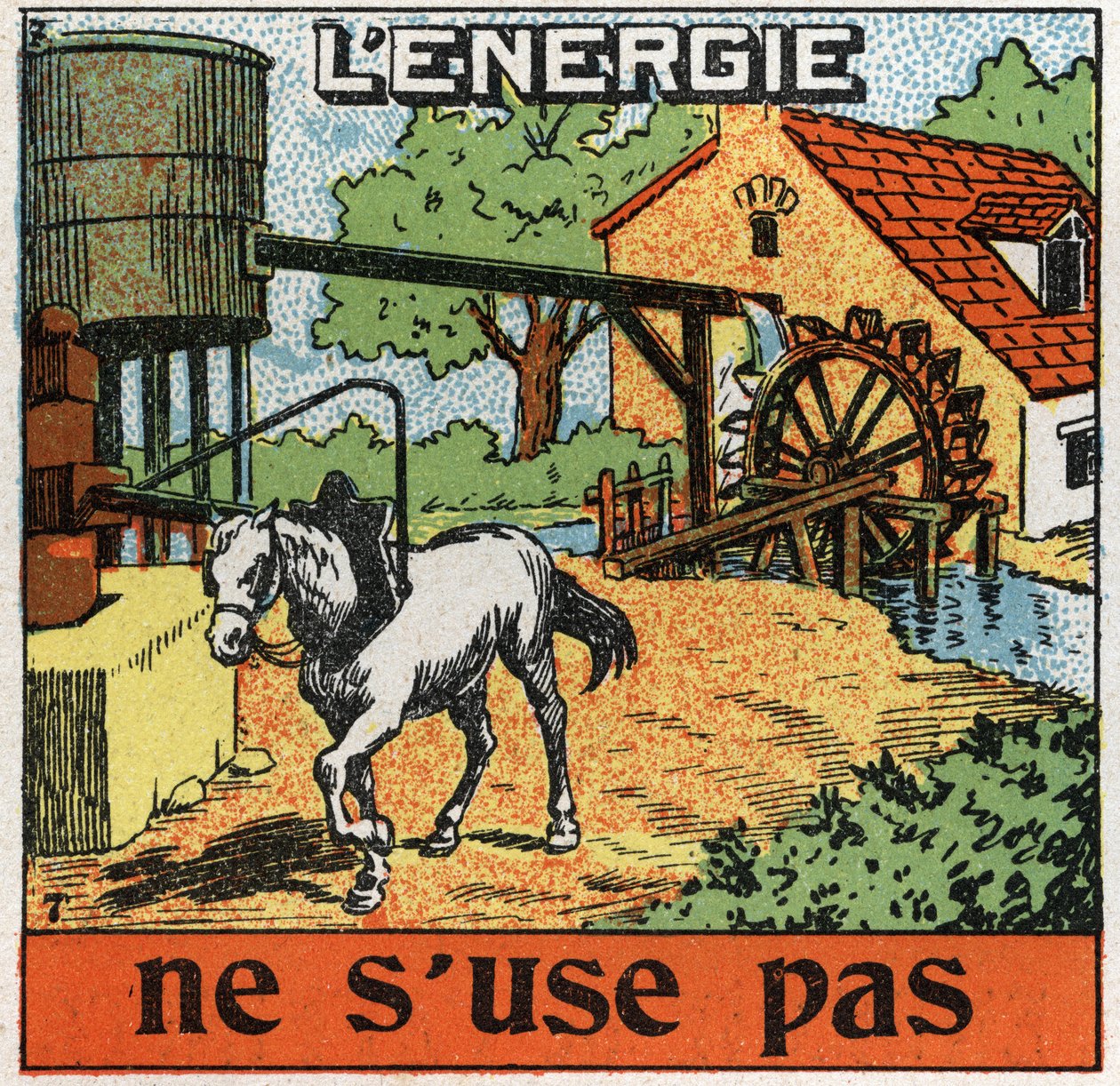 Energin slits inte: hästen fäster sig i en manege och hör vatten i en reservoar. Anonym illustration från 1925. Privat samling. av Anonymous Anonymous