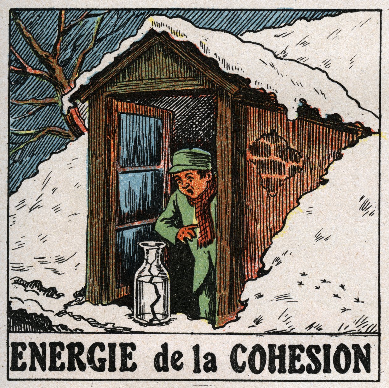 Sammanhållningsenergi: det kalla vattnet bryter vasen. Anonym illustration från 1925. Privat samling. av Anonymous Anonymous