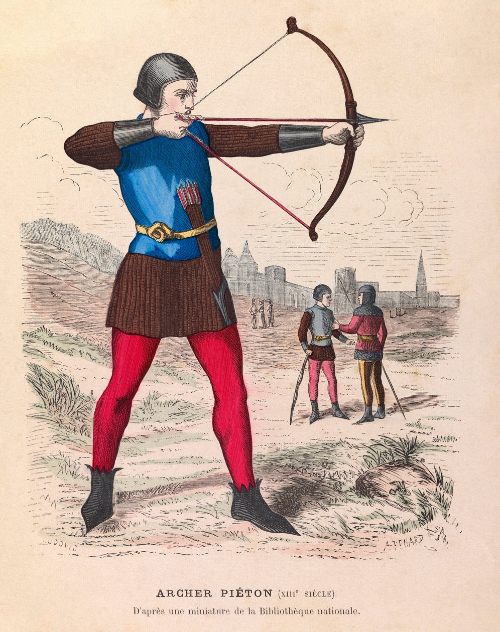 Gravyr - Archer pieton du 13eme Siecle a Paris - Fotgängarbågskytt i Paris på 1200-talet - privat samling av Anonymous Anonymous