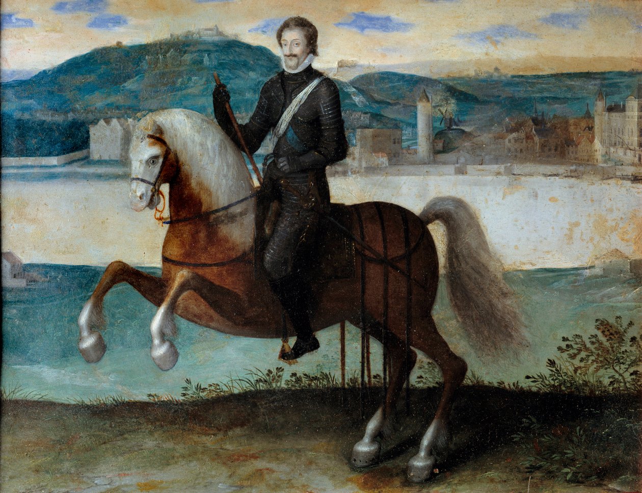 Ridsporträtt av Henri IV (1553-1610) framför Paris (1594). Anonym målning. h s/koppar. Mått: 0,25 x 0,31 m. Paris, Musée Carnavalet av Anonymous Anonymous