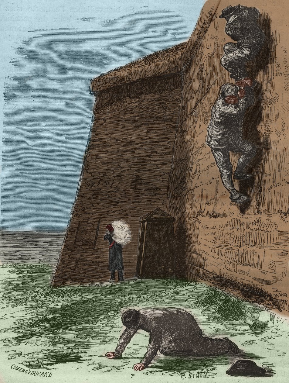 Fly från fängelset i Rochefort på 1800-talet. Gravyr i "Fångarnas historia från deras skapelse till idag" (1877) av Pierre Zaccone (1817-1895) (Colonia Penale - Straffkoloni). Privat samling. av Anonymous Anonymous