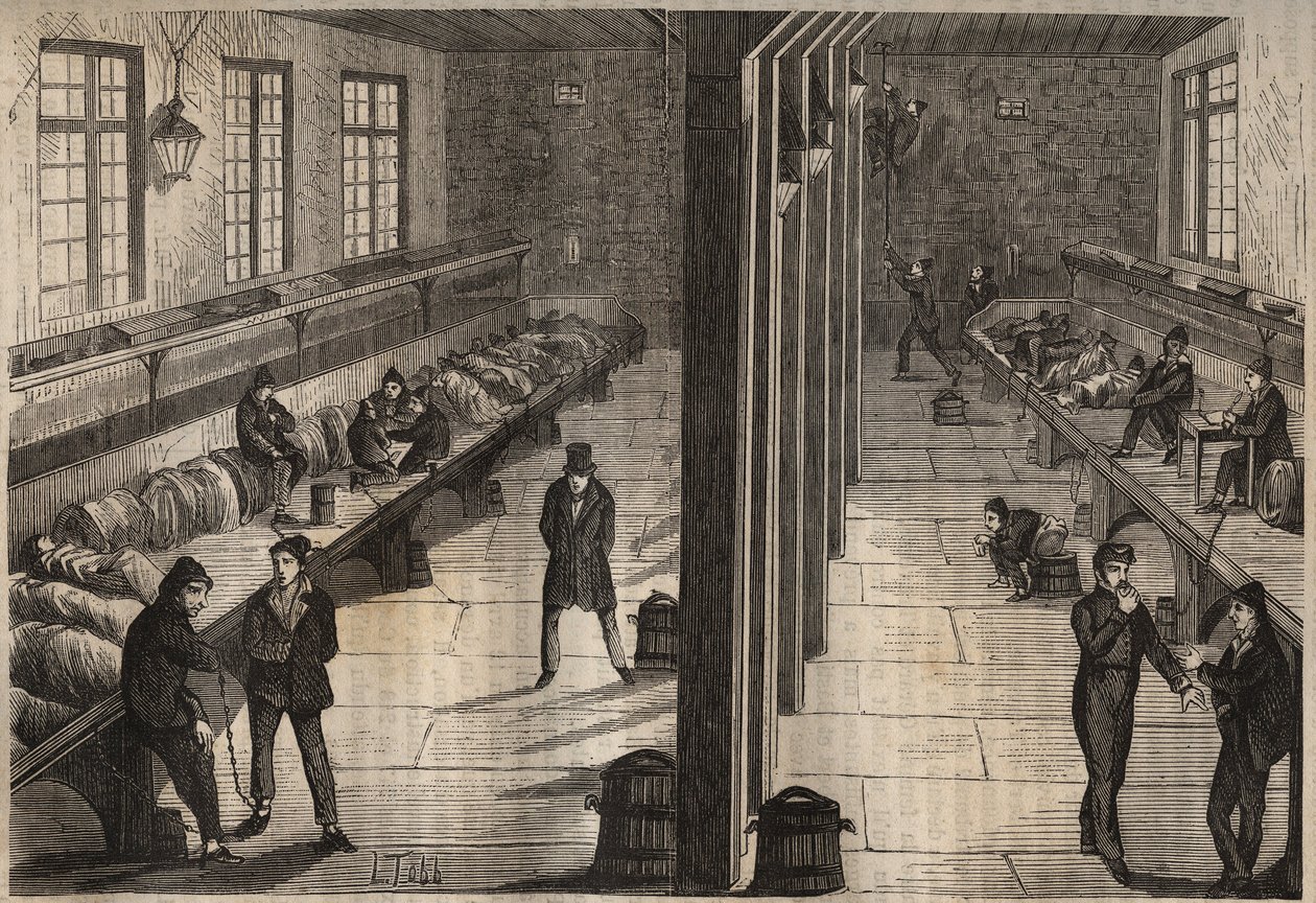 Flykt av tre fångar i rummet Saint Gilles i bagne de Rochefort den 28 december 1840. Gravyr i "Historien om bagnes sedan deras skapelse till våra dagar" (1877) av Pierre Zaccone (1817-1895) (Colonia Penale - straffkoloni). Privat samling. av Anonymous Anonymous