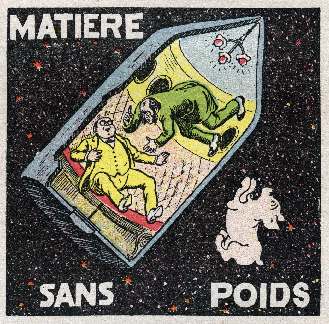 Eter (material): material utan vikt. Scen i romanen av Jules Verne (1828-1905) "Från jorden till månen" där skalet med passagerare korsade den punkt där jordens och månens attraktion är lika och motsatt. Karaktärerna är wei av Anonymous Anonymous