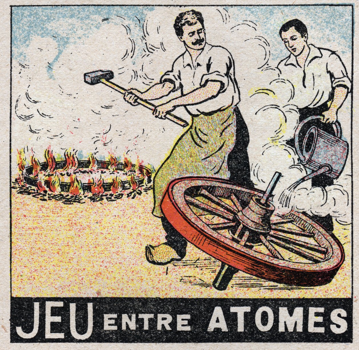 Eter (material): lek mellan atomer. Charrons gör ett hjul. Anonym illustration från 1925. Privat samling. av Anonymous Anonymous