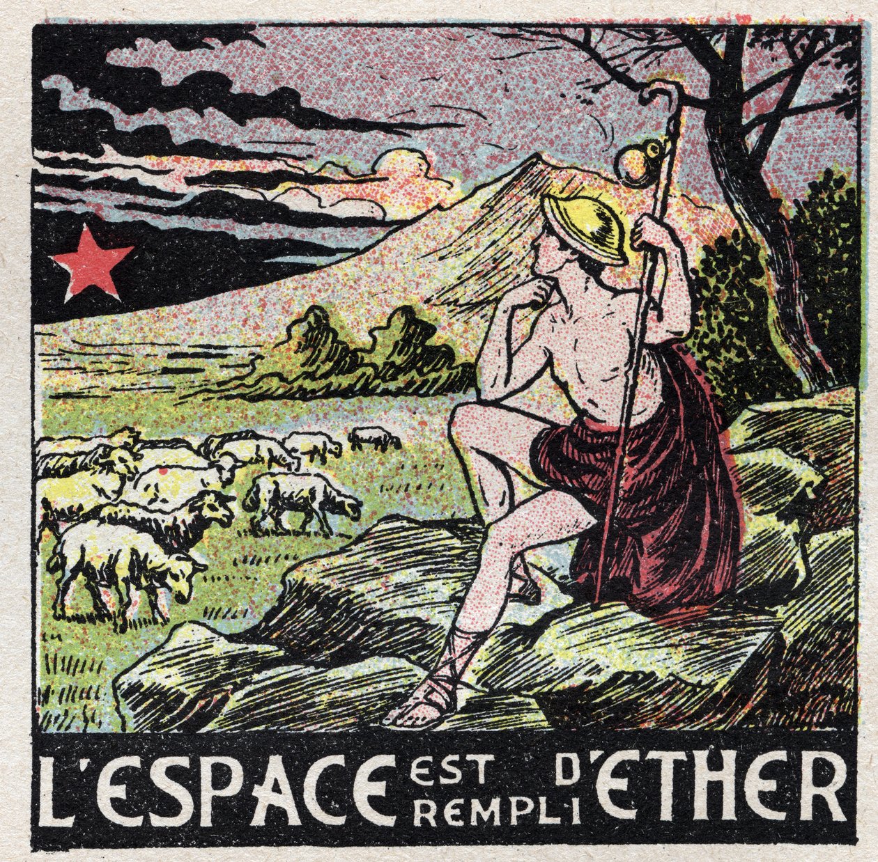Eter (material): utrymmet är fyllt med eter. En herde från antiken som betraktar himlen. Anonym illustration från 1925. Privat samling. av Anonymous Anonymous
