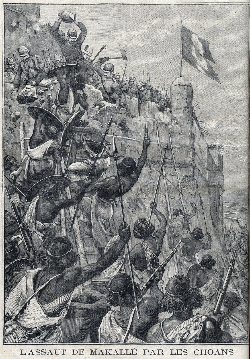 Etiopien: Anfallet av Makalle av Choans av Menelik II mot den italienska armén. Etiopien. Gravyr i "" Le Petite Parisien"" av Anonymous Anonymous