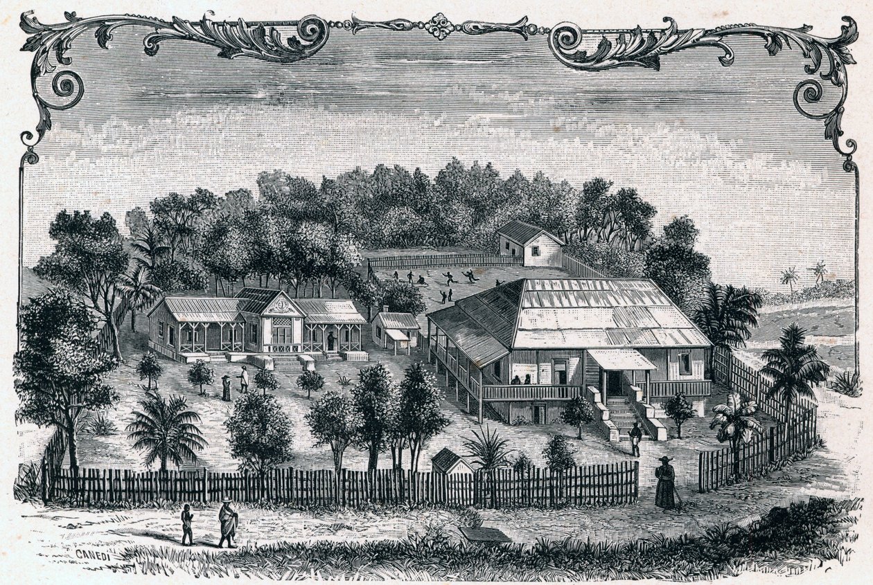Exteriör vy av prästgården och skolan i Hell Ville (Hell-Ville) (Andoany), huvudstad på ön Nosy Be på Madagaskar. Gravyr i "Les Missions Catholiques au XIXeme Siecle"" av Louis-Eugene (Louis Eugene) Louvet. privat samling. av Anonymous Anonymous