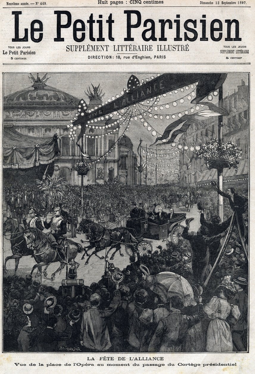 Den fransk-ryska alliansens högtid (fransk-ryska): utsikt över Operatorget under passagen av Felix Faures presidentkortege (1841-1899). I "" Le Petit Parisien"" den 12/09/1897. Privat samling av Anonymous Anonymous