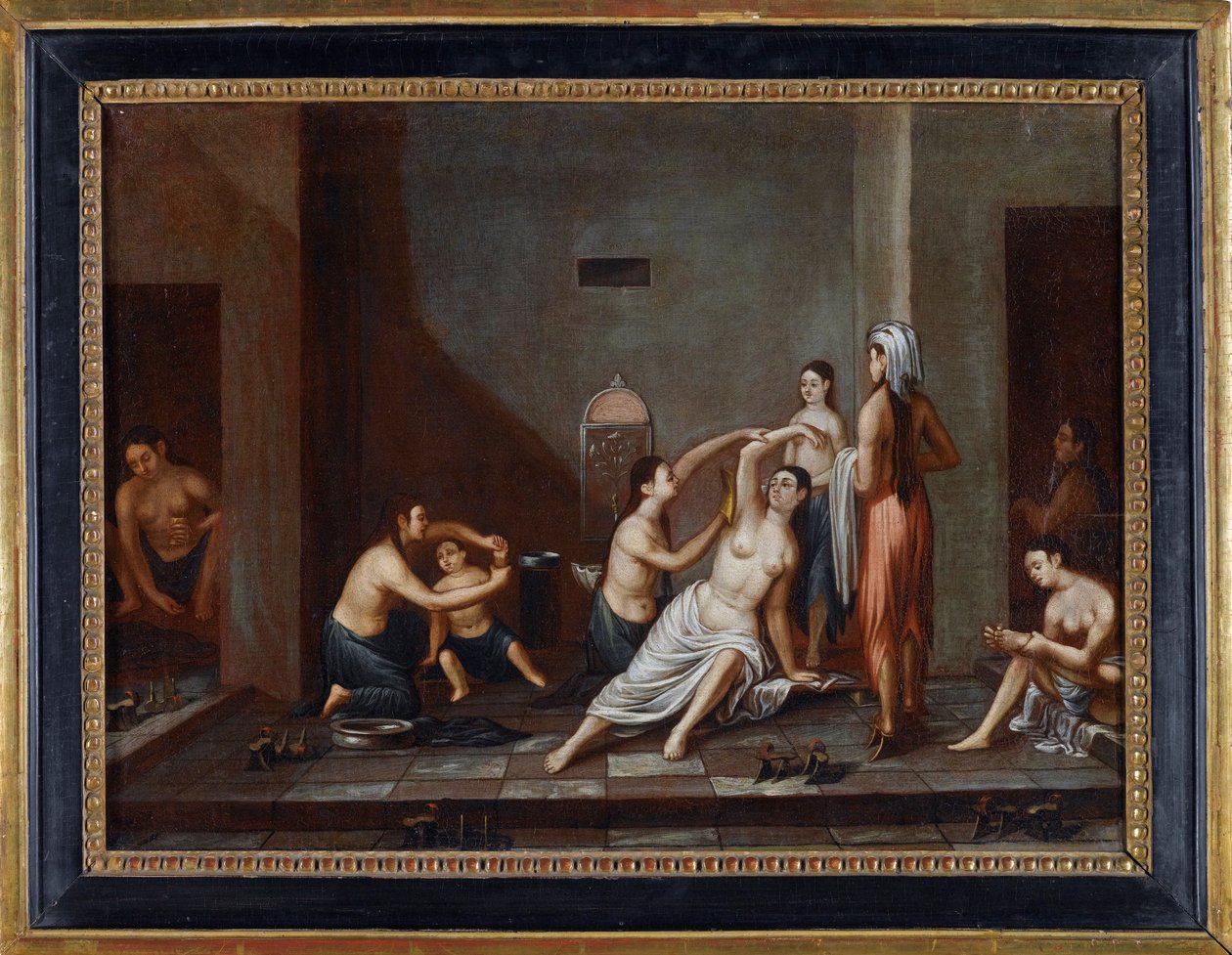 ""Kvinnor i ett hamam som tvättar varandra"" (Ladies in the Hammam) Anonym målning 1741 - Olja på duk, 39x53 - Privat samling av Anonymous Anonymous