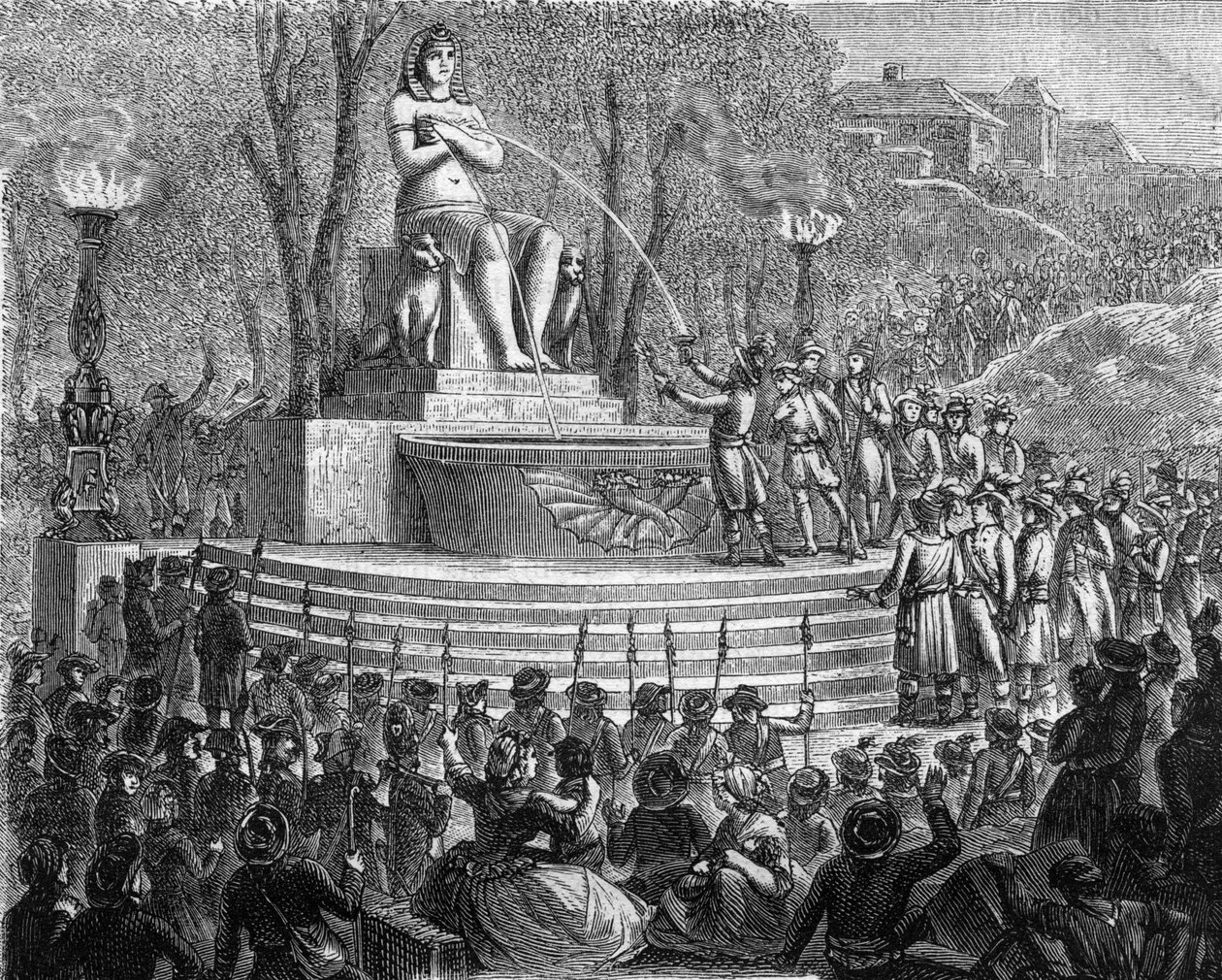 Nya konstitutionsdagen (29 Thermidor år I eller 10 augusti 1793) - Förnyelsens fontän på skräpet av Bastiljen (10 augusti 1793) - Gravyr i "Histoire des Girondins"" av Alphonse de Lamartine (1790-1869) 1865-1866 - Privat lim av Anonymous Anonymous