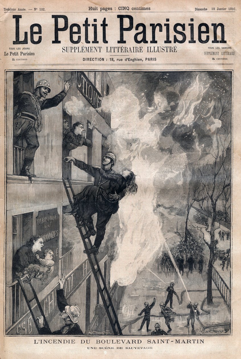 Brandman i Paris: räddningsplats under branden på Boulevard Saint-Martin. Gravyr i "" Le petit Parisien"" från 1891. Privat samling. av Anonymous Anonymous