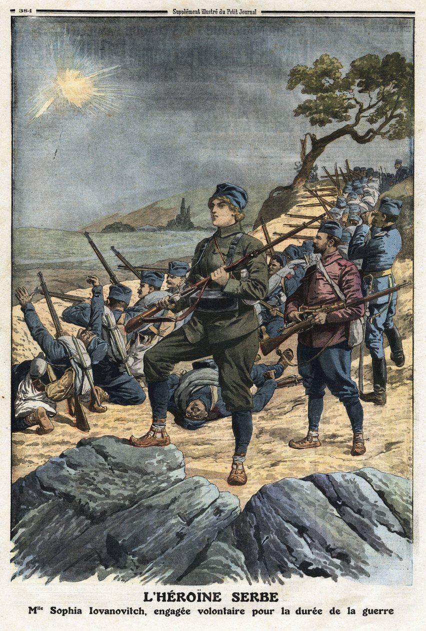 Första Balkankriget: porträtt av Sophia Yovanovich, en ung serbisk kvinna som anmälde sig frivilligt mot Turkiet. Illustration hämtad från "" Le Petite Journal"" 1912-12-01 Privat samling. av Anonymous Anonymous