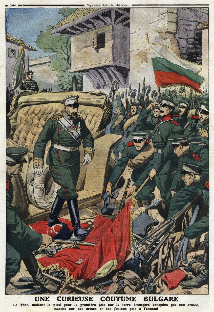 Första Balkankriget (Balkan): Tsar Ferdinand I av Bulgarien (1861-1948) marscherar mot främmande länder som erövrats av hans armé i Mustapha-Pasha (Mustapha Pasha), nu Ferdinandovo, pietiner fienders vapen och vimplar""" illustration från " Den lilla tidni av Anonymous Anonymous