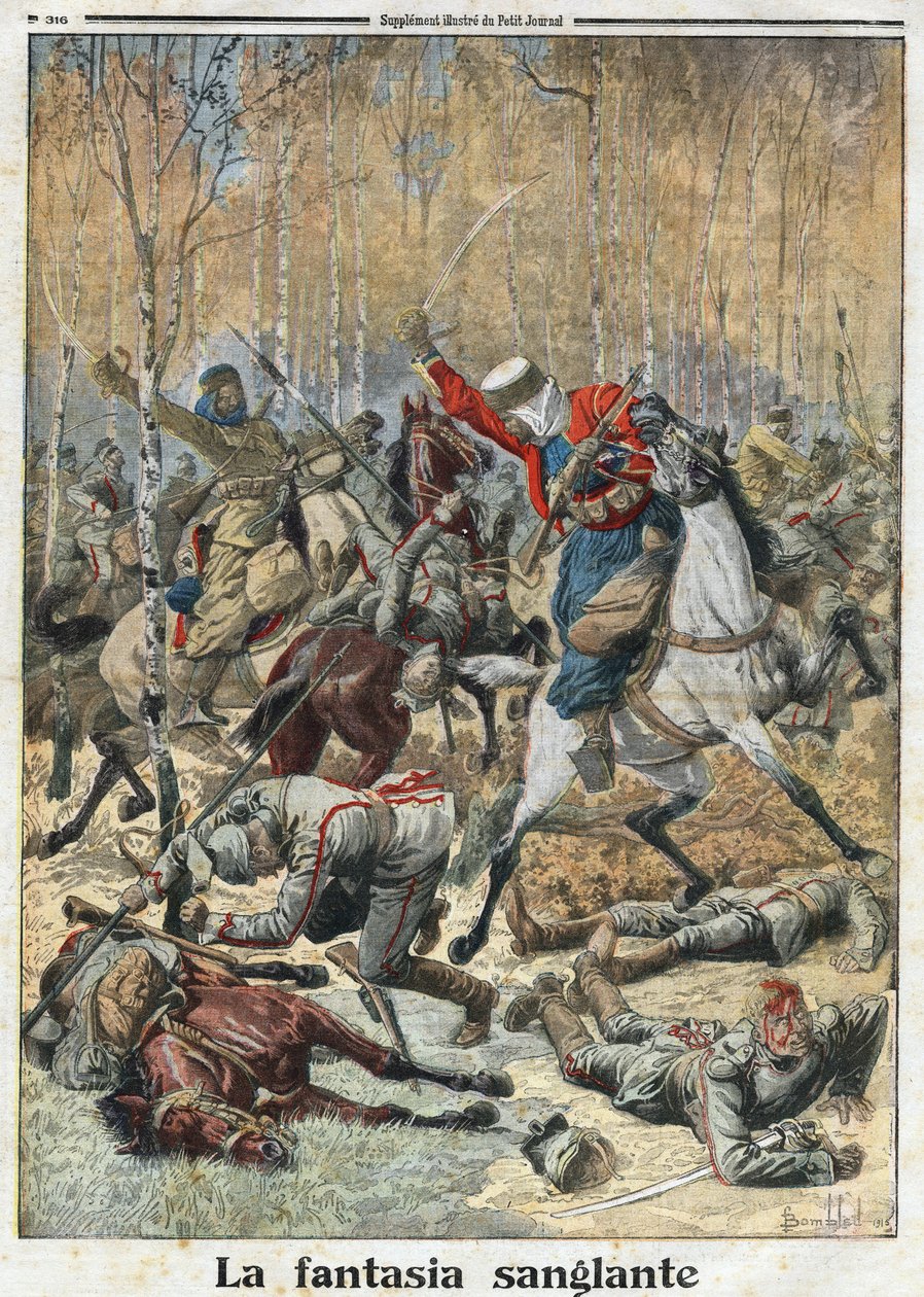 Första världskriget 1914-1918 (14-18): "The Bloody Fantasia". I skogen kämpade en trupp på trettio uhlans (tyska ryttare med ett spjut) av åtta segerrika algeriska spahis. Gravyr i "" Le Petite Journal"", 1915-11-28. Privat samling. av Anonymous Anonymous