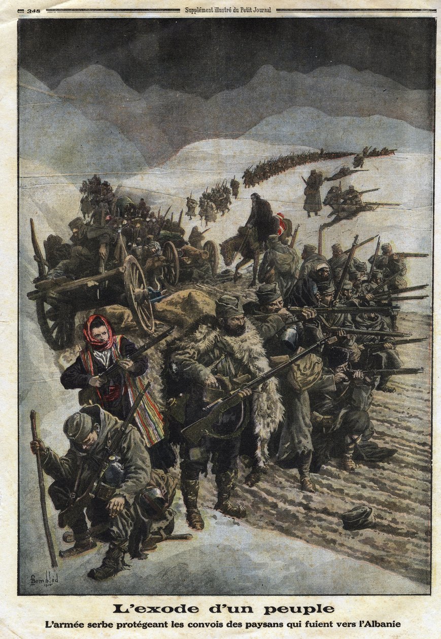 Första världskriget 1914-1918 (14-18): "The Exodus of a People". Den serbiska armén skyddar konvojer av bönder som flyr från Serbien till Albanien. Gravyr i "" Le Petite Journal"", den 26/12/1915. Privat samling. av Anonymous Anonymous