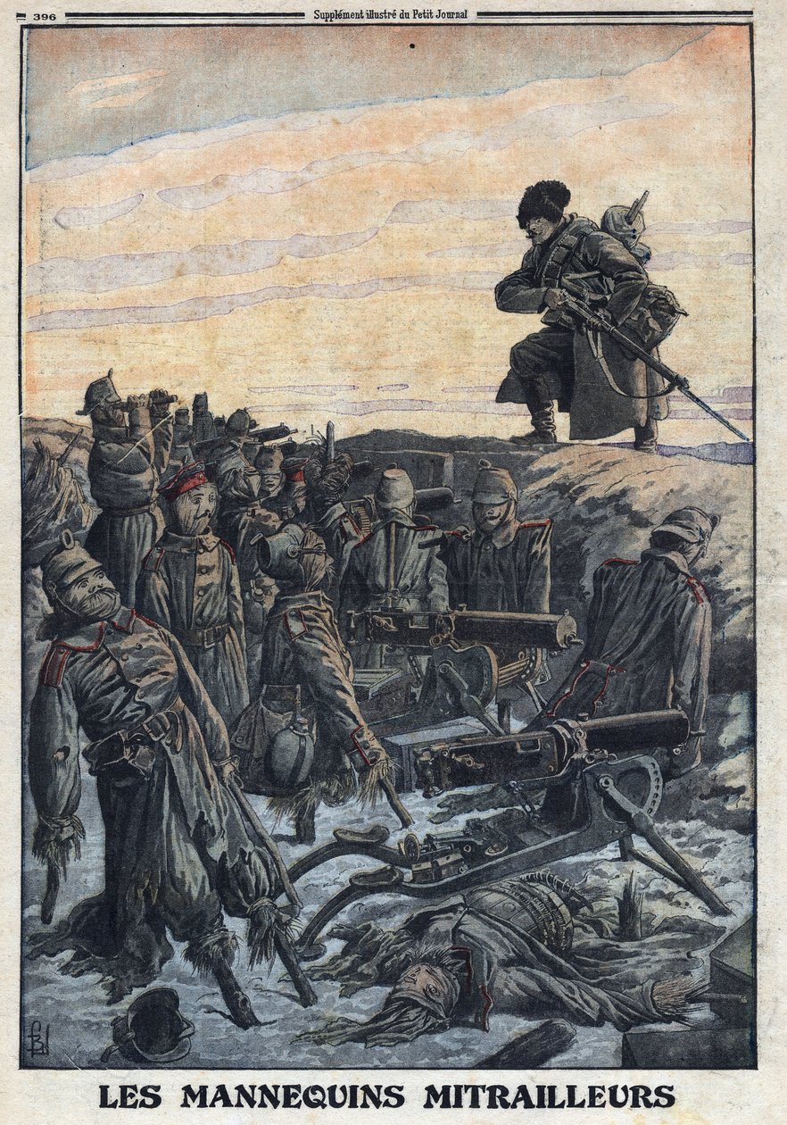Första världskriget 1914-1918 (kriget 14-18). Tyska soldater använder skyltdockor som de har i skyttegravar med maskingevär för att lura den ryska fienden så fälla. I "" Le Petite Journal"", den 06/02/1916. Privat samling av Anonymous Anonymous