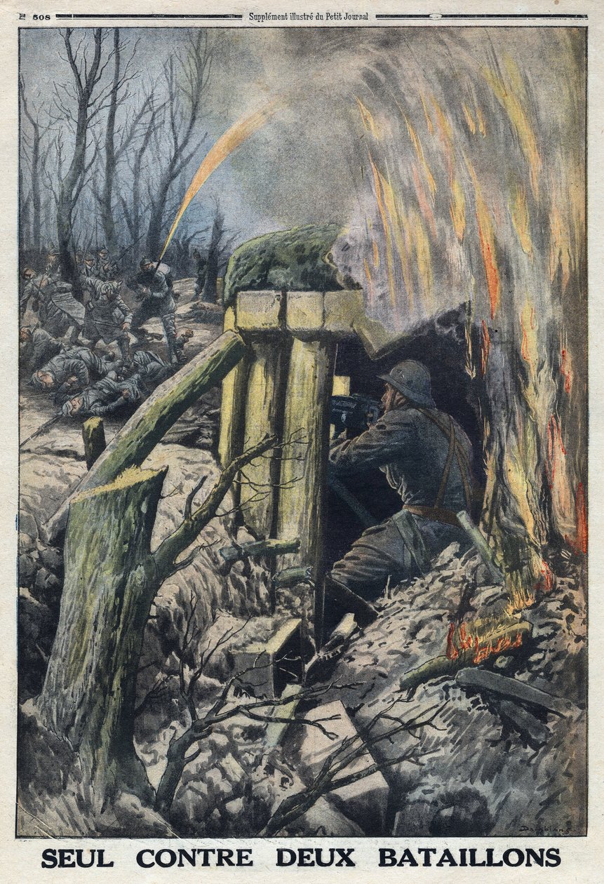 Första världskriget 1914-1918 (kriget 14-18). En fransk officer kämpar på egen hand mot två bataljoner av den tyska armén i Bois de Caures. I "" Le Petite Journal"", den 14/05/1916. Privat samling av Anonymous Anonymous