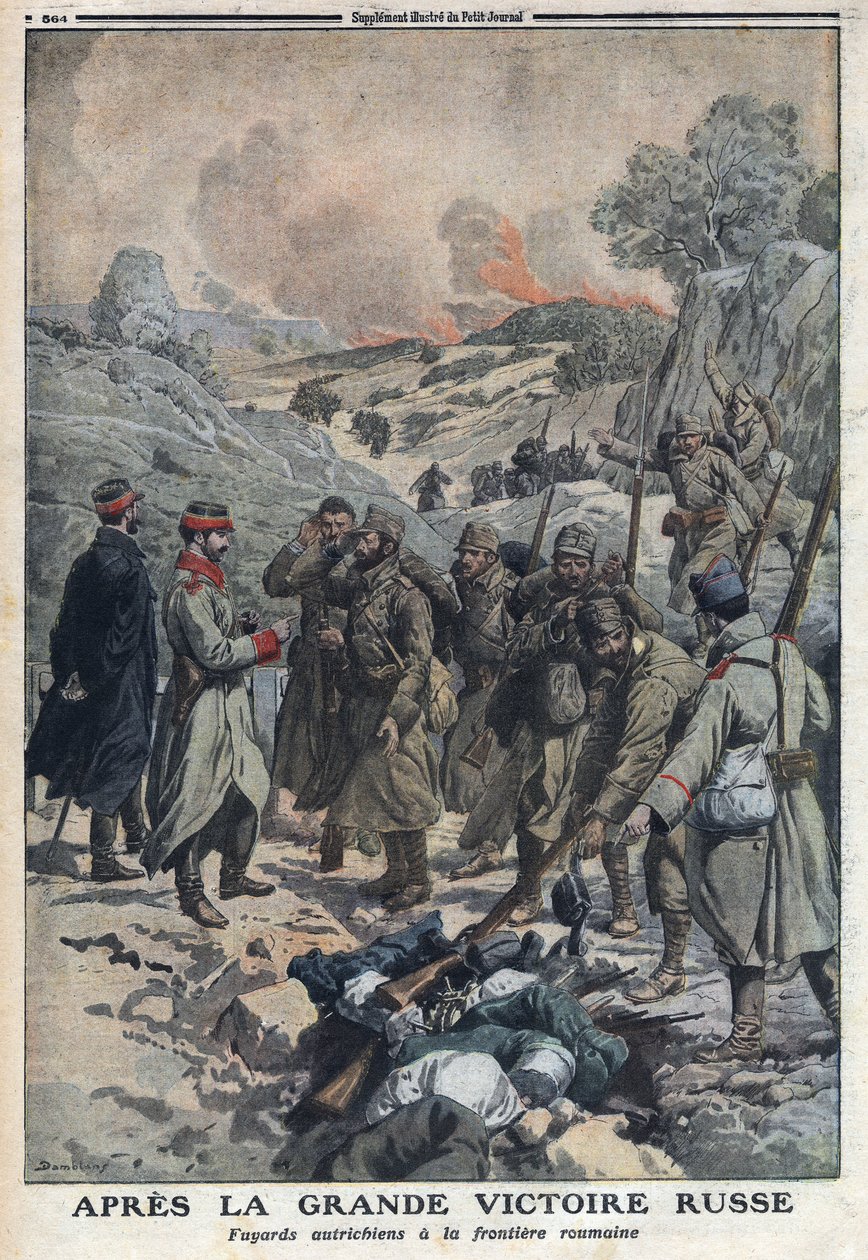 Första världskriget 1914-1918 (kriget 14-18). Efter ryssarnas stora seger kastade de flyende från den österrikiska armén sina vapen mot den rumänska gränsen. I "" Le Petite Journal"", den 2/07/1916. Privat samling av Anonymous Anonymous