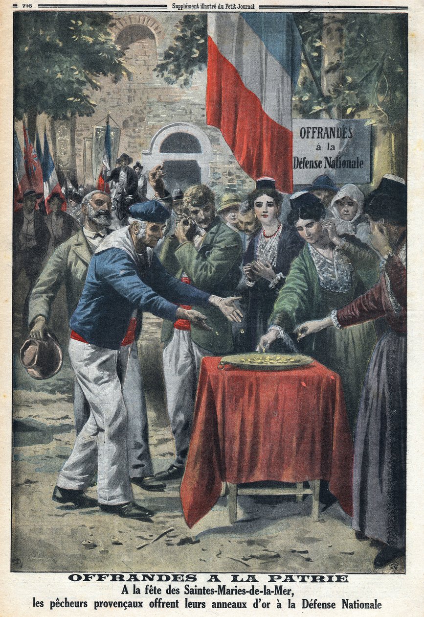 Första världskriget 1914-1918 (kriget 14-18). Vid festen des Saintes Maries de la Mer (Saintes-Maries-de-la-Mer) erbjöd sjömän nationen guldringarna för att finansiera stöd till det nationella försvaret. I "" Le Petite Journal", den 12/11/1916. Privat saml av Anonymous Anonymous