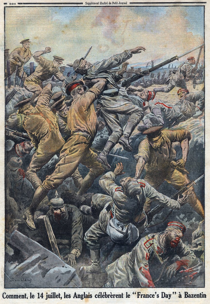 Första världskriget 1914-1918 (kriget 14-18). Slaget vid Kreta Bazentin den 13 och 14 juli 1916 där engelsmännen motsatte sig den tyska armén. I "" Le Petite Journal"", den 6/08/1916. Privat samling av Anonymous Anonymous