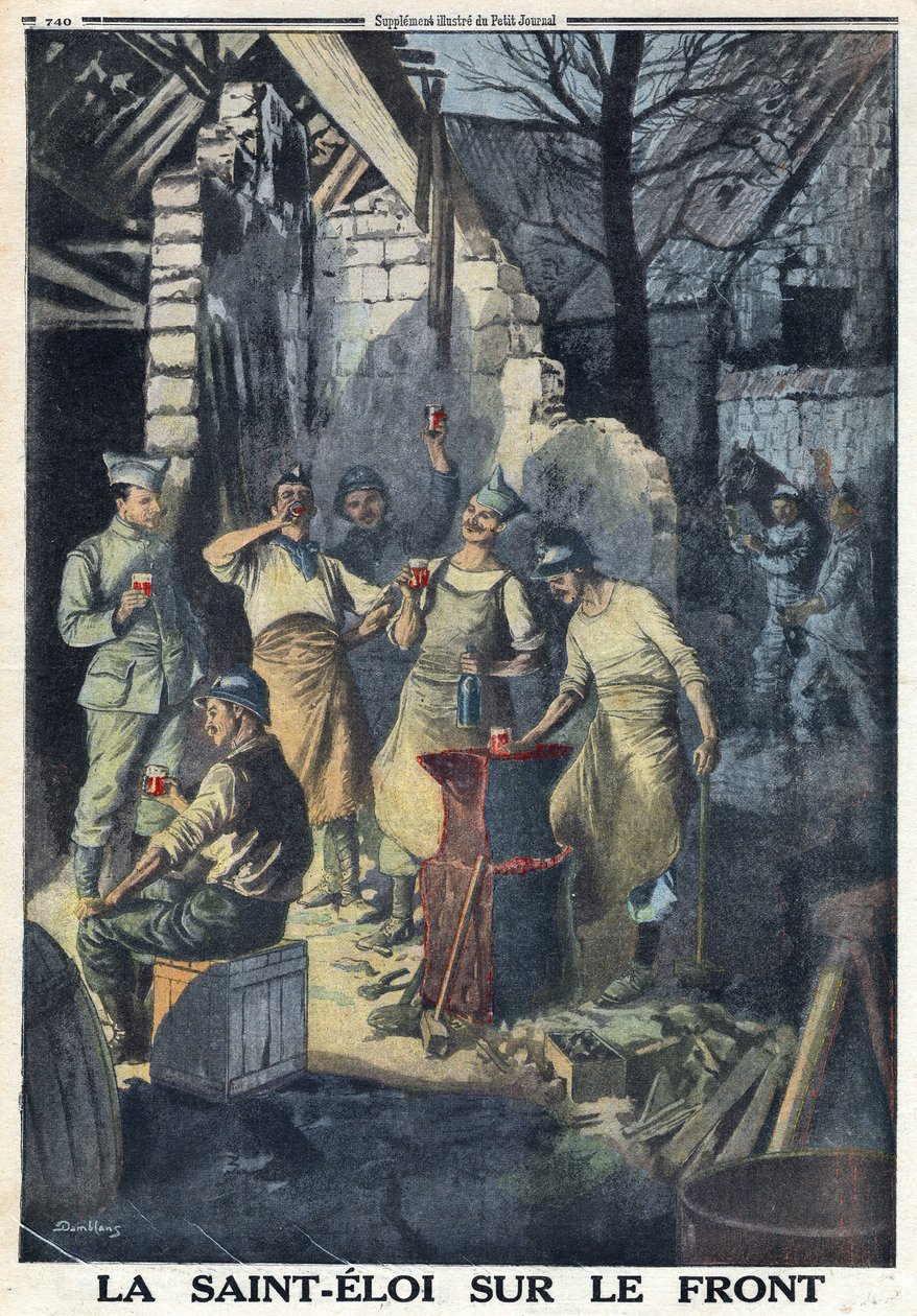 Första världskriget 1914-1918 (kriget 14-18). Firande av Saint Eloi (Saint-Eloi) av soldater på fronten. De dricker alla ett glas rött vin till festen. I "" Le Petite Journal", den 3/12/1916. Privat samling av Anonymous Anonymous