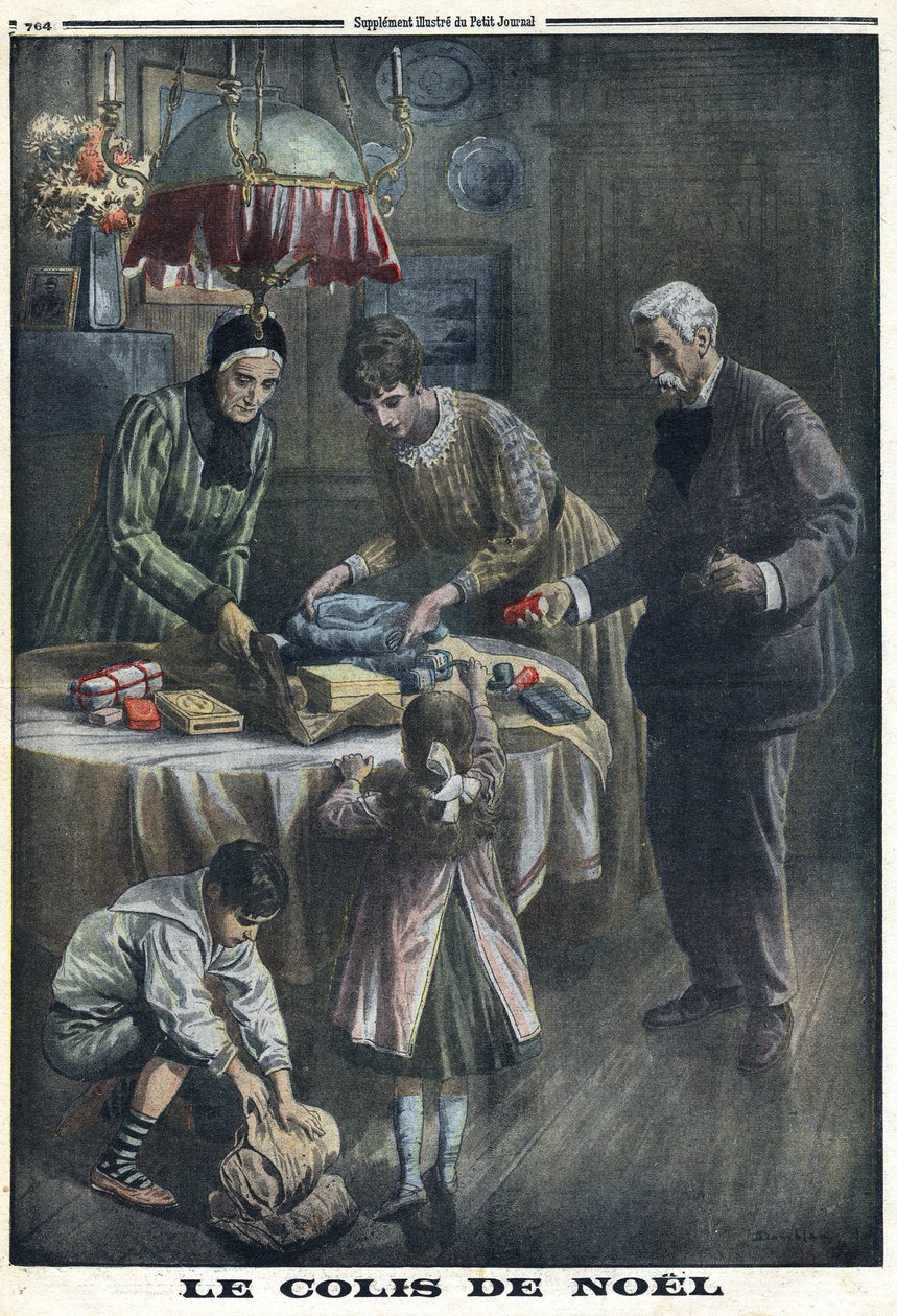 Första världskriget 1914-1918 (kriget 14-18). Julklapp: Barn tar emot och packar upp paket de fått av sin pappa på slagfältet på julafton. I "" Le Petite Journal"", den 24/12/1916. Privat samling av Anonymous Anonymous