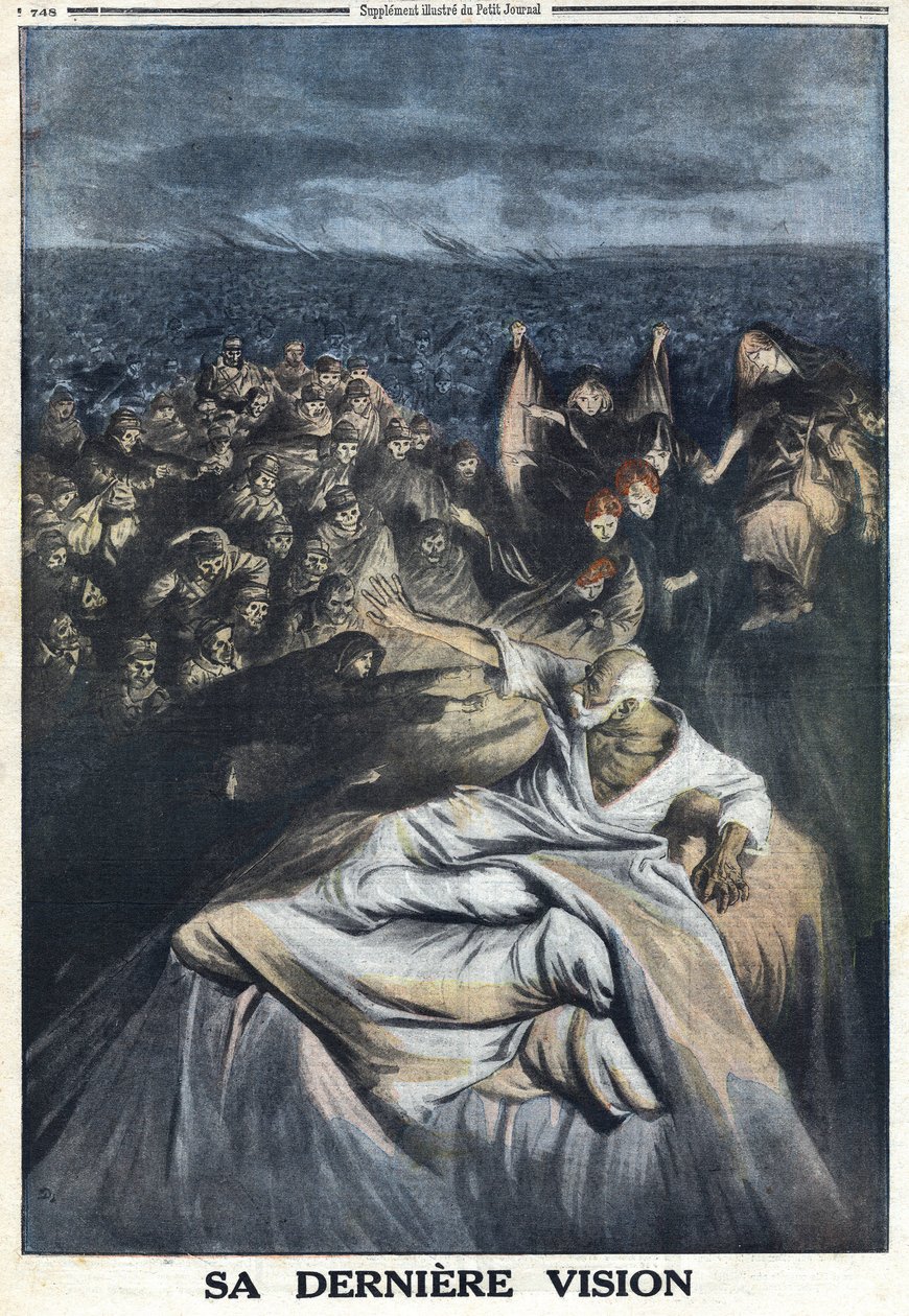 Första världskriget 1914-1918 (kriget 14-18). Francois Joseph I av Österrike (1830-1916) död. Hans senaste vision representerad här gör honom skyldig till alla de ökända brott han har begått. I "" Le Petité Journal" av Anonymous Anonymous