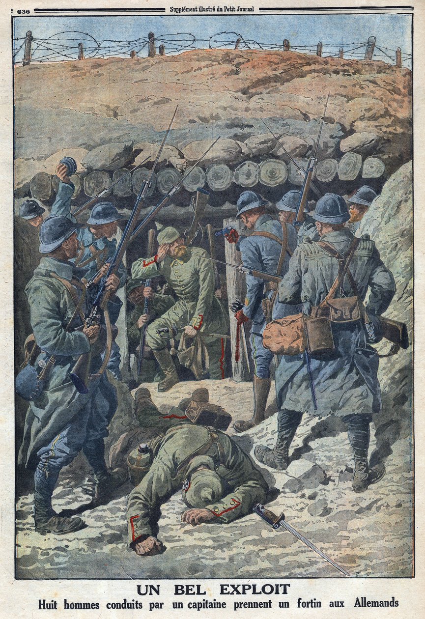 Första världskriget 1914-1918 (kriget 14-18). Åtta soldater från den franska armén ledda av en kapten tog ett fort från tyskarna. I "" Le Petité Journal", den 3/09/1916. Privat samling av Anonymous Anonymous