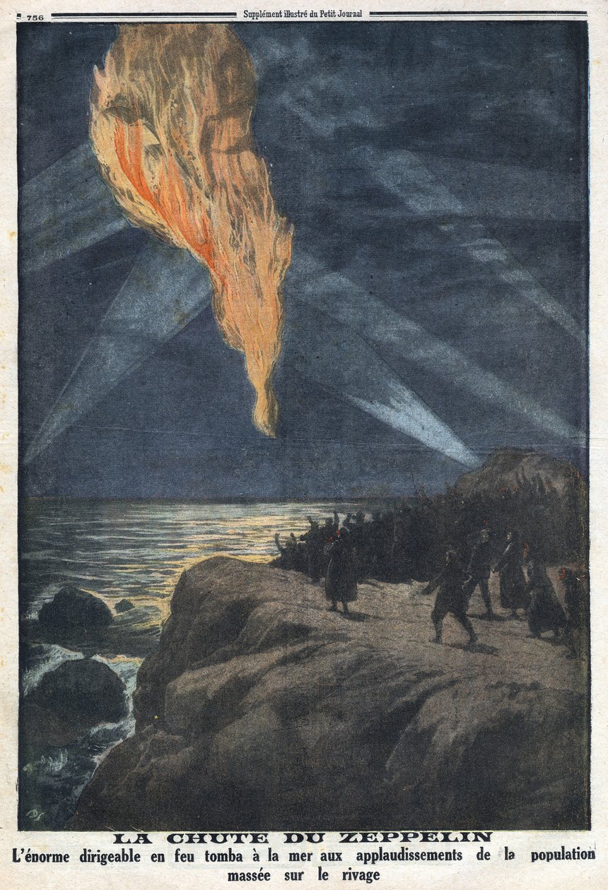 Första världskriget 1914-1918 (kriget 14-18). Faller en zeppelin från den brinnande tyska armén som återvänder från en räd i England. I "" Le Petite Journal"", den 17/12/1916. Privat samling av Anonymous Anonymous