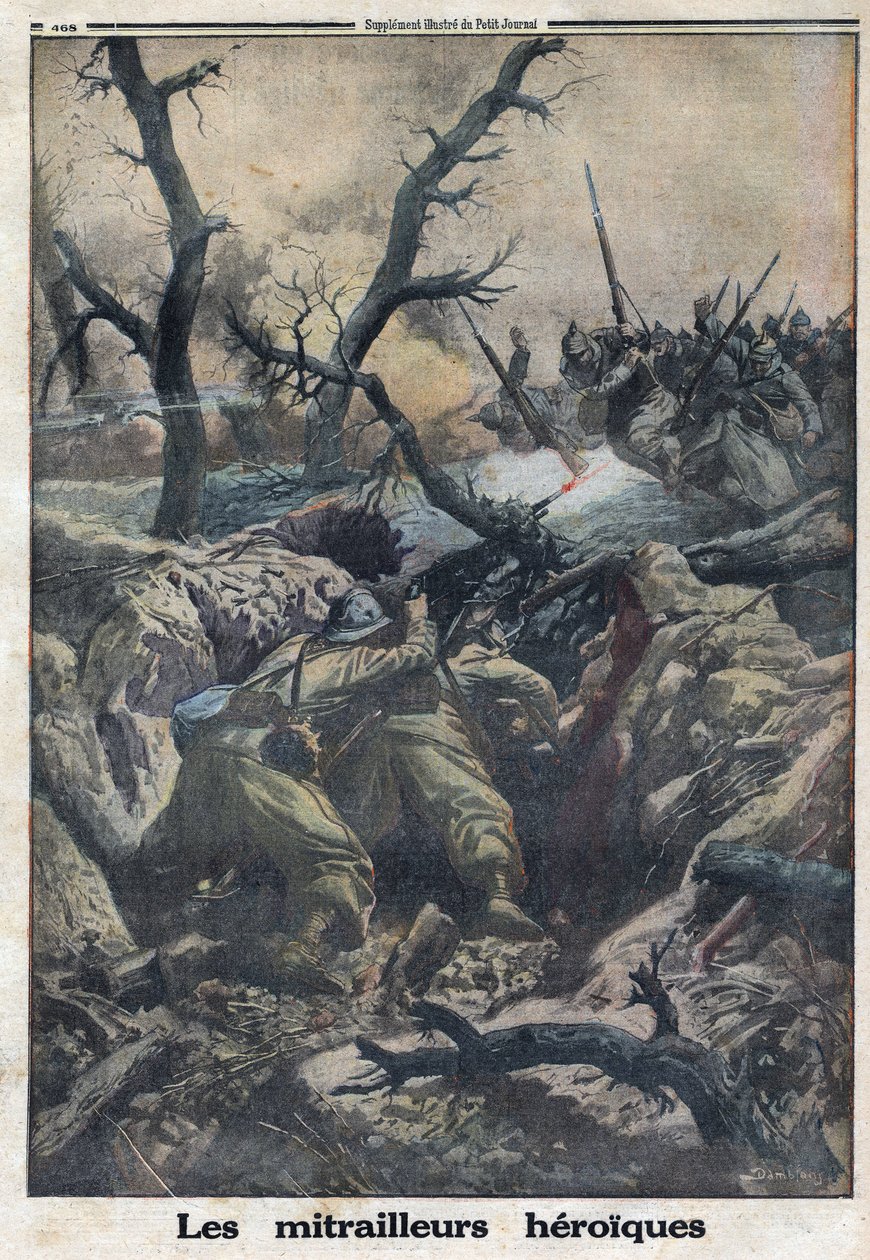 Första världskriget 1914-1918 (kriget 14-18). Franska maskingevärsskyttar skjuter mot tysk militär attack. I "" Le Petite Journal"", den 9/04/1916. Privat samling av Anonymous Anonymous