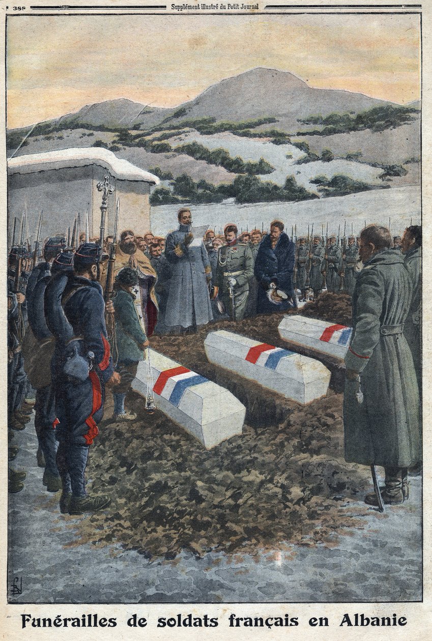 Första världskriget 1914-1918 (kriget 14-18). Franska soldaters begravning i Albanien. I "" Le Petite Journal" av Anonymous Anonymous