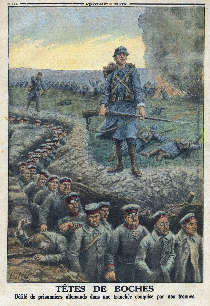 Första världskriget 1914-1918 (kriget 14-18). "" Headheads"": smutsar tyska fångar i en skyttegrav som erövrats av den franska arméns trupper. I "" Le Petité Journal"", den 5/03/1916. Privat samling av Anonymous Anonymous