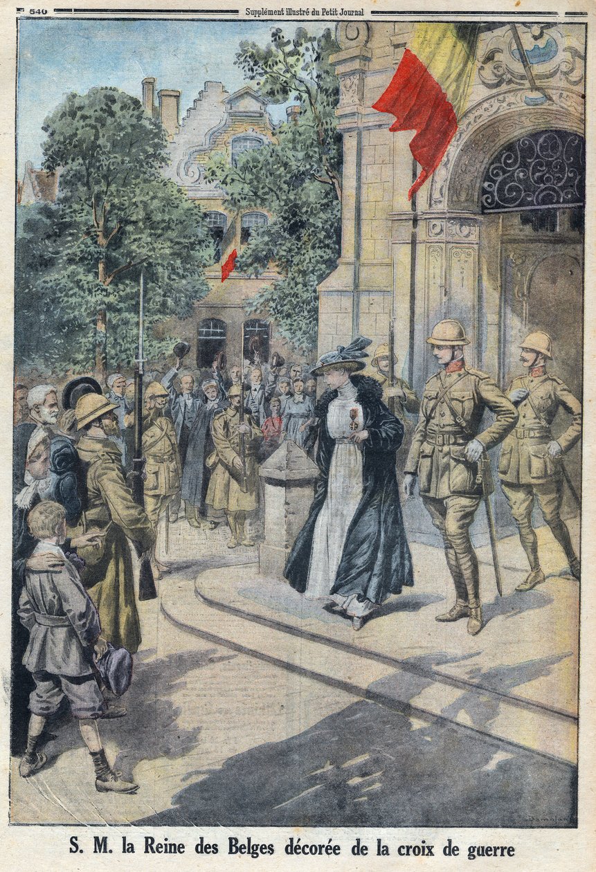 Första världskriget 1914-1918 (kriget 14-18). Hennes Majestät Belgiernas drottning Elisabeth de Baviere (1876-1965) tilldelades krigskorset. I "Le Petite Journal" av Anonymous Anonymous