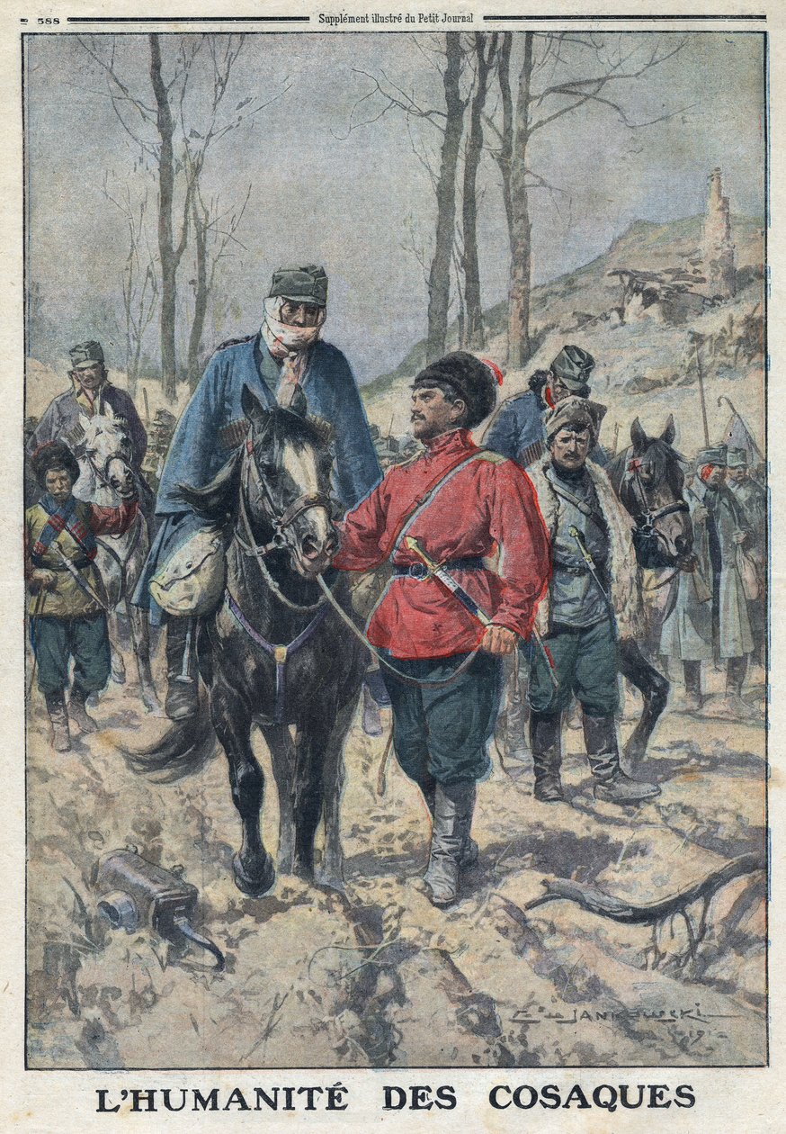 Första världskriget 1914-1918 (kriget 14-18). Hästar lånas ut till sjuka eller skadade österrikiska fångar i kausacarmén. I "" Le Petite Journal"", den 23/07/1916. Privat samling av Anonymous Anonymous