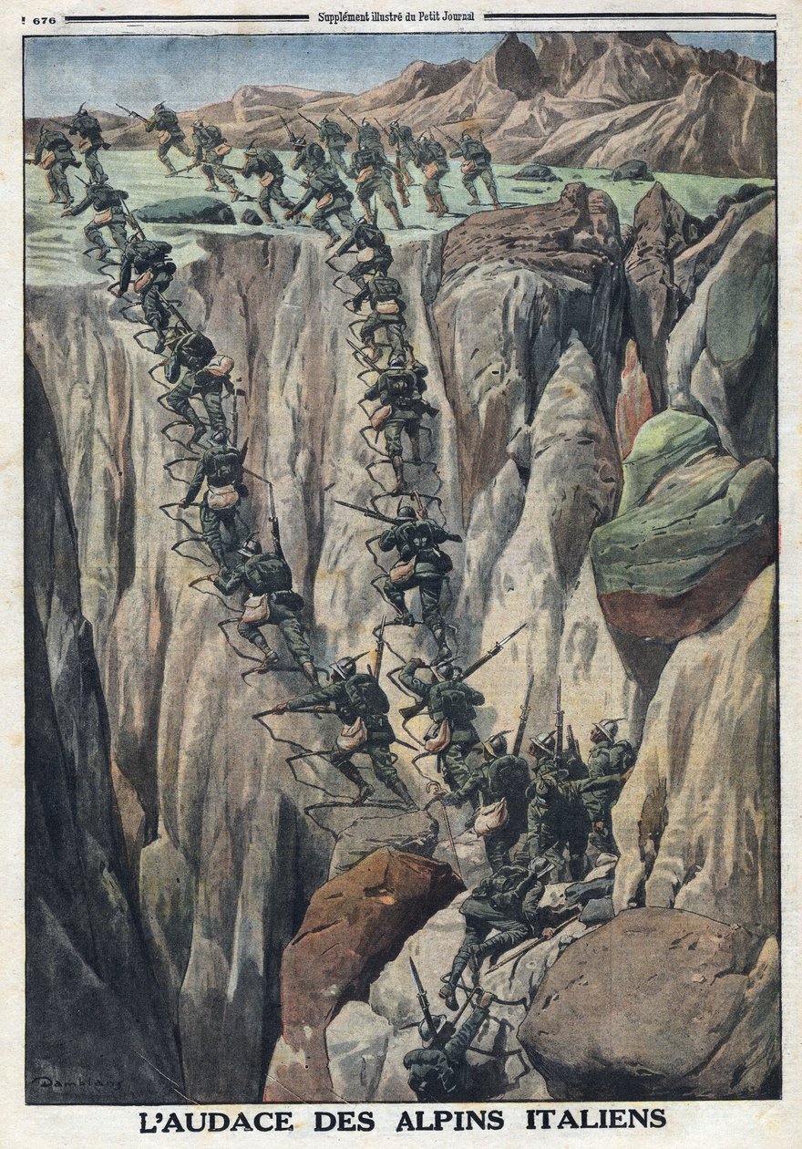 Första världskriget 1914-1918 (kriget 14-18). Italienska soldater klättrar upp på toppen av Cauriol i Fiemme-alperna i Italien. I "" Le Petite Journal", 8 oktober av Anonymous Anonymous